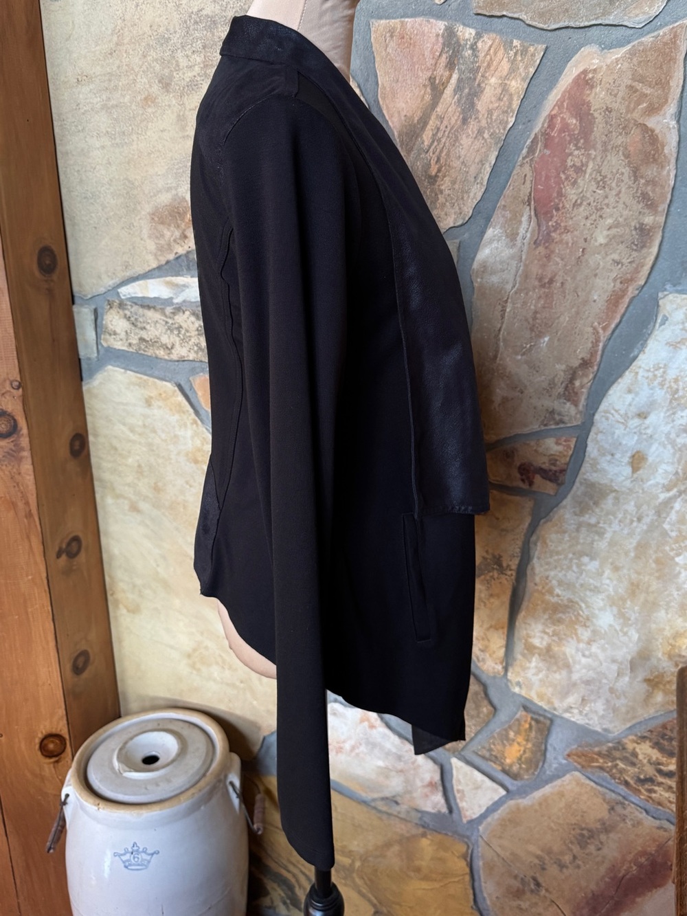CAbi #527 Black Owens Jacket Waterfall Moto Faux Leather Trim Open Cardigan (L) - Picture 4 of 17